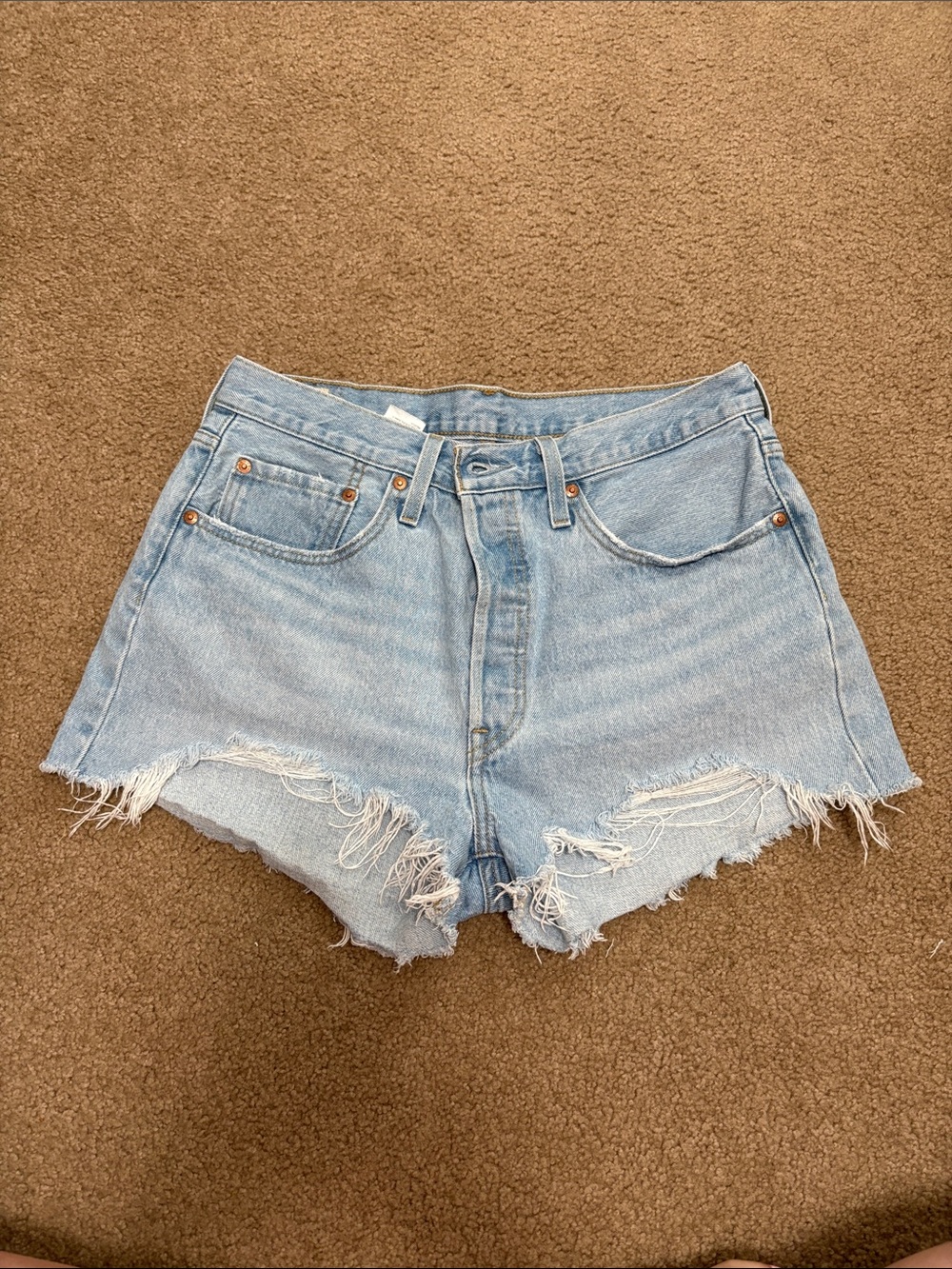 Levi's 501 Light Blue High-Rise Distressed Denim Shorts